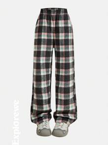 SHEIN Girls Outdoor Casual Stylish Home Comfortable Plaid Elastic Waist Straight Leg Pants Sweatpants - Pink - View 1