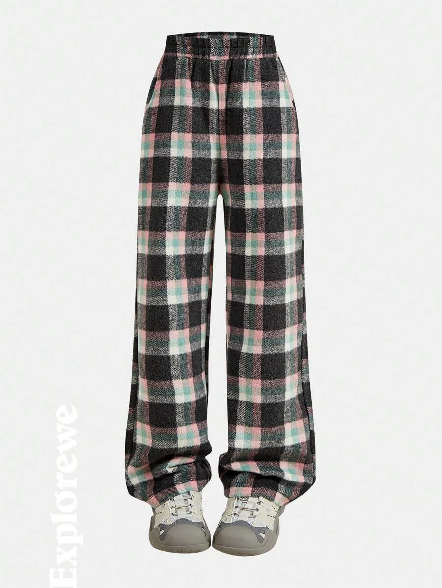 SHEIN Girls Outdoor Casual Stylish Home Comfortable Plaid Elastic Waist Straight Leg Pants Sweatpants - Pink - View 1