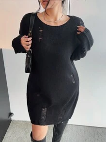 Flirla Đầm len dài tay cổ tròn thả vai màu trơn cỡ lớn cho nữ, mới thu đông - màu đen - Xem 4