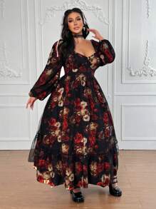 Flirla Đầm Maxi Tay Dài In Lưới Đen Co Giãn 4 Chiều Phong Cách Gothic Cổ Điển Thanh Lịch Cho Nữ - màu đen - Xem 7