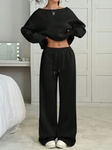 SHEIN EZwear Bộ 2 món trang phục áo trễ vai tay dài tối giản cho nữ và quần dài - màu đen - Xem 3