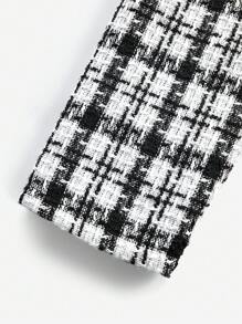 Chaqueta de manga larga de longitud media de estilo elegante con botones frontales y cinturón, con estampado de cuadros vichy en blanco y negro para adolescentes