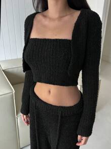 DAZY 3 件套女士蓬松柔软毛绒针织全身毛衣露肩秋季