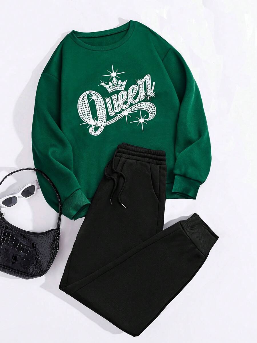 SHEIN LUNE 女士钻石字母印花纯色连帽衫和运动裤套装 - 綠色 - 查看 1