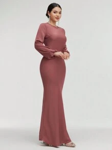 Veilorie 女式纯色简约优雅主教袖美人鱼下摆连衣裙 - 棕色 - 查看 3