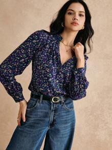 Poéselle 女士前扣开合长袖全印花简约衬衫，适合日常休闲穿着