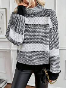 SHEIN LUNE Women's Commuter Contrast Stripe Turtleneck Chunky Knit Sweater