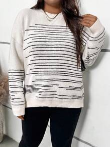 SHEIN Clasi Women Plus Size Asymmetrical Striped Crew Neck Pullover Sweater, Autumn/Winter - Multicolor - View 6