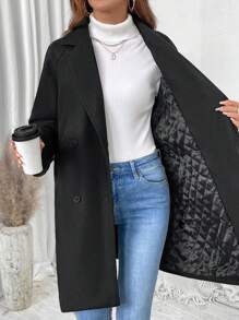 SHEIN LUNE 女装英伦复古优雅休闲度假居家聚会秋冬黑色羊毛夹棉内衬保暖加厚带侧袋插肩袖长袖西装领纽扣中长款大衣外套