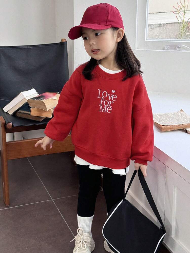 Young Girls Round Neck Knitted Fleece Embroidered Sweatshirt, Fall,Winter