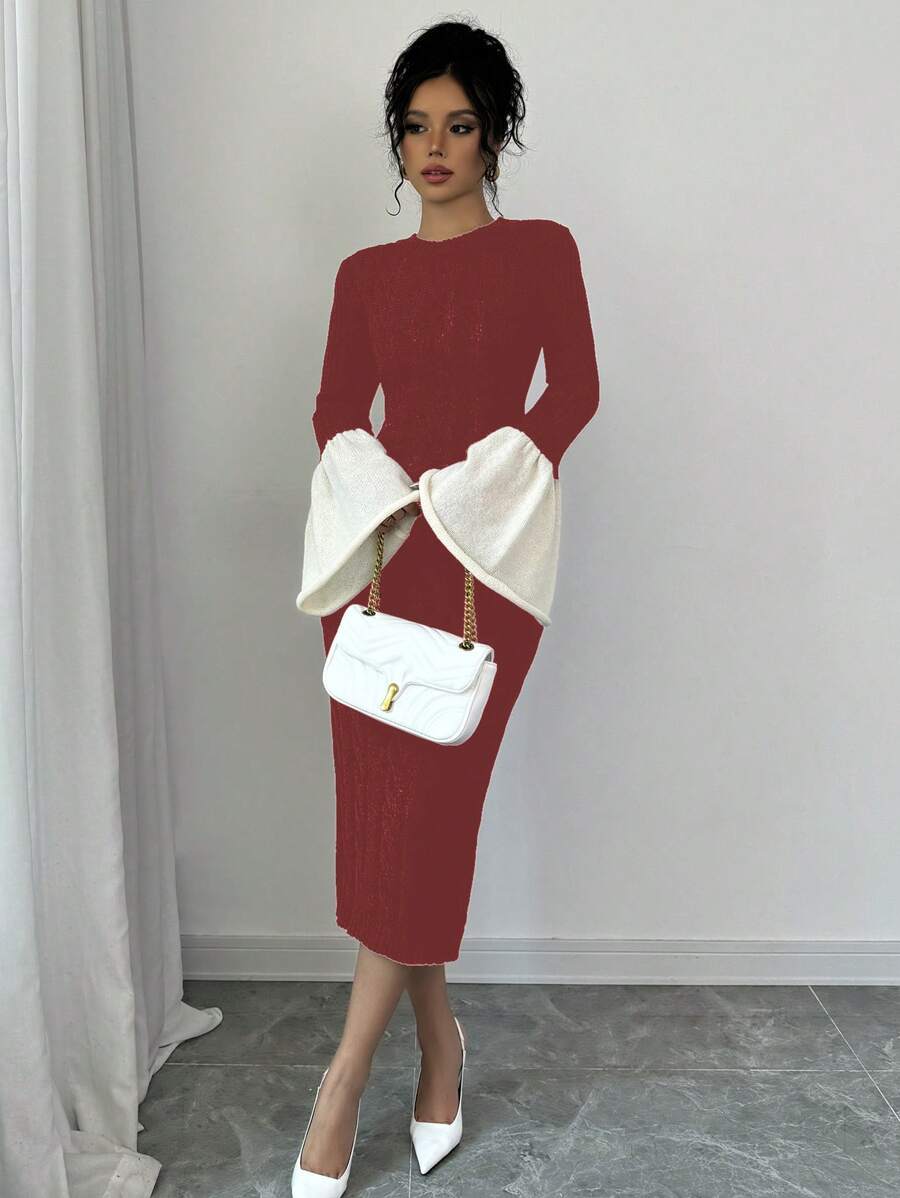 Elenzga Gaun Sweater Wanita Lengan Lebar Warna Kontras, Pakaian Musim Gugur untuk Wanita - Burgundy - View 1