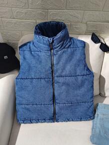 SHEIN Teen Girls Winter Cold Weather Clothes Y2k Stonewashed Zip Up Front Thermal Lined Vest Padded Denim Thick Coat - Medium Wash - View 5