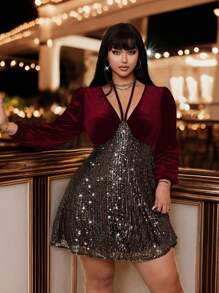 Allurite Elegant Kleid in Große Größen mit V-Ausschnitt, Langarm, Schleife vorne, Samt und Pailletten Applikationen, perfekt für Neujahrskleidung