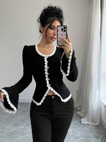 SHEIN X Angie Costa SHEIN Clasi 1pc Women Elegant Fake Collar Flare Long Sleeve T-Shirt, Casual Lace Trim Top, Black