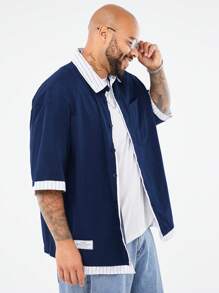 Manfinity VCAY Plus Size Men's Casual Short Sleeve Woven Color Block Nice Button Shirt, For Going Out - Multicolor - View 4