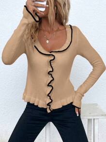 SHEIN LUNE Wide Round Neck Front Button Contrast Trim Elegant Knit Cardigan, Long Sleeve - Khaki - View 3