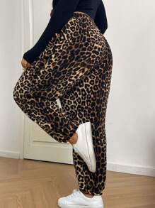 SHEIN EZwear Plus Size Women Casual Leopard Furry Cuff Sweatpants, Autumn/Winter
