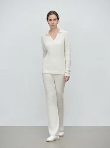SHEIN LUNE 2 pezzi Set di blusa a maniche lunghe e pantaloni lunghi di colore unito per donna, casual in lana, stile minimalista - Albicocca - Visualizzare 5