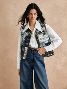 Poéselle Chaleco acolchado sin mangas con estampado vintage retro y efecto patchwork para mujer, chaleco acolchado sin mangas vintage, chaqueta acolchada corta, chaqueta acolchada, chaqueta corta de mujer, chaqueta de pana, chaqueta de mujer para otoño, ropa de mujer para otoño, chaqueta de invierno - Verde militar - Ver 4