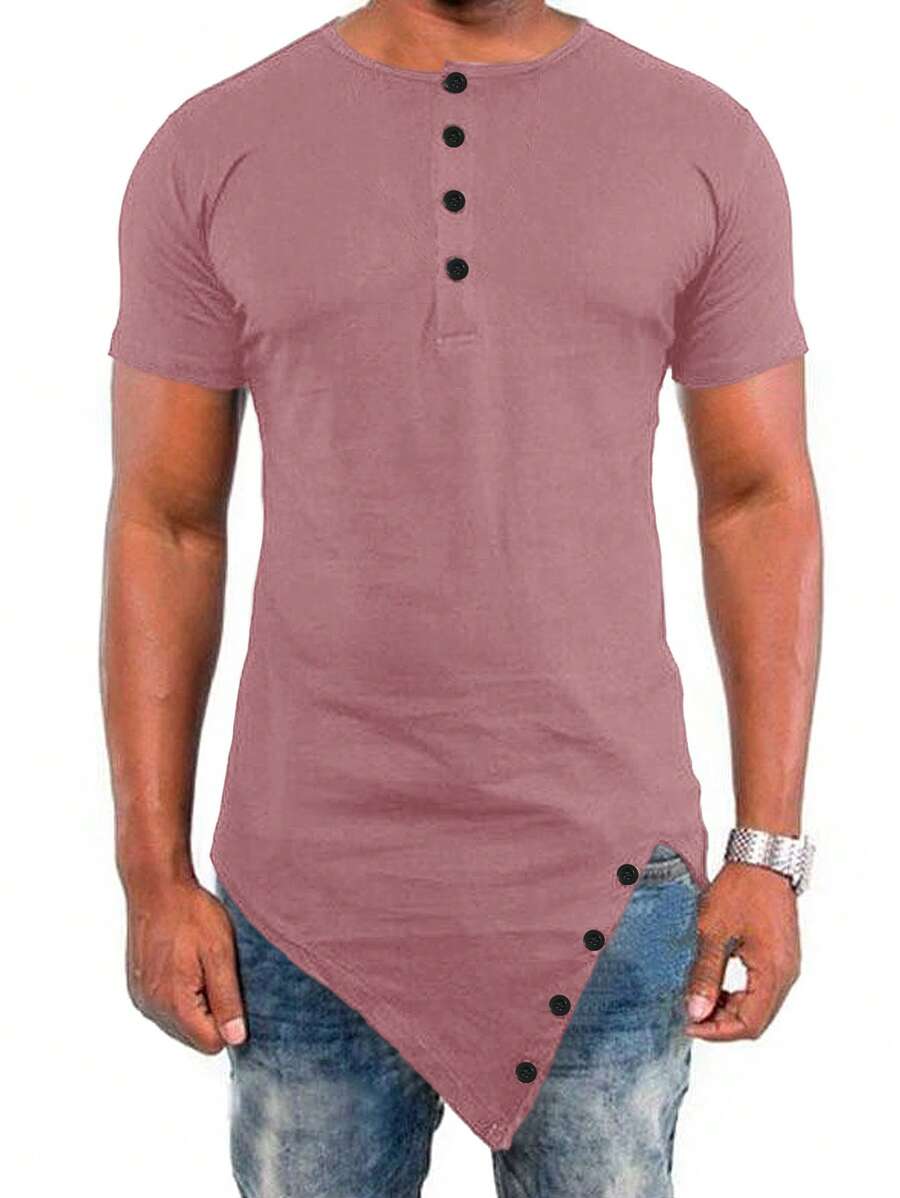 Manfinity Homme 男士休闲纯色不对称下摆短袖 T 恤 - 粉色 - 查看 1