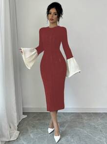 Elenzga Gaun Sweater Wanita Lengan Lebar Warna Kontras, Pakaian Musim Gugur untuk Wanita - Burgundy - View 4