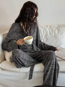 DAZY Casual Minimalist Mixed Color Knitted Waistband Cardigan Top Paired With Straight Loose Knit Pajama Pants Loungewear Set - Dark Grey - View 4