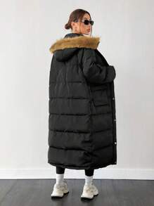 SHEIN EZwear 女士新款冬季字母拼接长袖连帽蓬松领加厚长款外套，超暖 - 黑色 - 查看 2