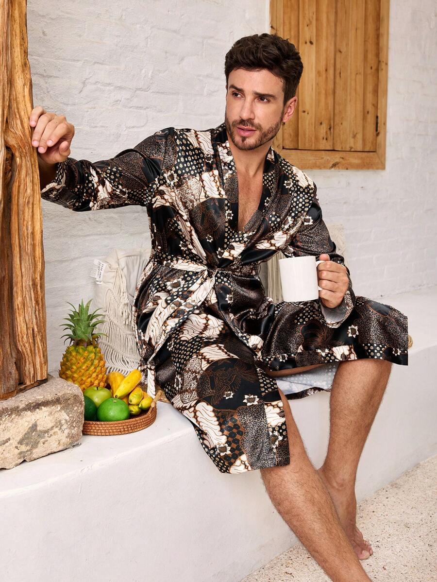Manfinity ChillVibe Men All-Over Print Belted Casual Long Sleeve Robe - Multicolor - View 1