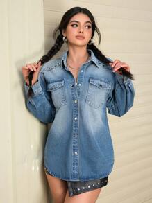 SHEIN EZwear Casual Washed Flap Pocket Denim Shirt, Autumn