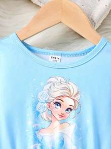 SHEIN 年轻女孩卡通冰雪奇缘公主图案搭配网眼下摆公主裙，适合生日礼物、圣诞礼物、新年礼物、聚会、郊游、度假、休闲装，适合夏秋春冬，温暖、舒适、时尚、可爱，适合甜美女孩