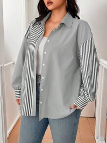 Calvaya Plus Size Women Stripe Print Casual Loose Office Blouse, Autumn/Winter Women Shirt