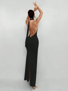 Aloruh Summer Vacation Women's Solid Red Backless Halter Dress For Date, Christmas Party, And Evening Events - Black - View 1