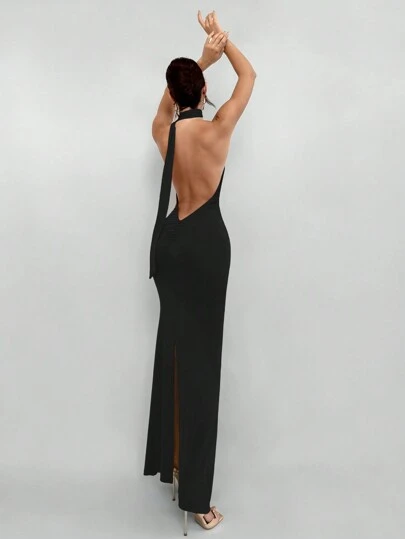 Aloruh Women's Solid Red Backless Halter Dress For Date, Christmas Party, And Evening Events