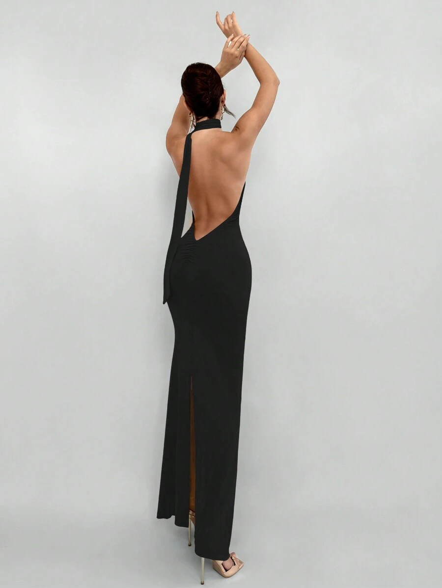 Aloruh Summer Vacation Women's Solid Red Backless Halter Dress For Date, Christmas Party, And Evening Events - Black - View 1
