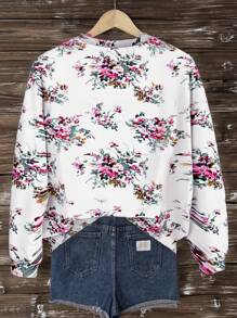 SHEIN LUNE 休闲简约花卉印花图案圆领长袖宽松女式运动衫，适合夏季 - 彩色 - 查看 2