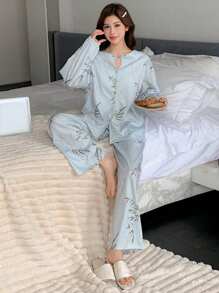 DAZY Chinese Style Plant Graphic Print Hollow Neck Design Loose Pajamas Set - Green - View 5