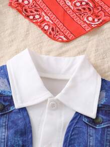 SHEIN 3 件装男婴牛仔风格连体衣、帽子和服装套装 - 藍色 - 查看 6