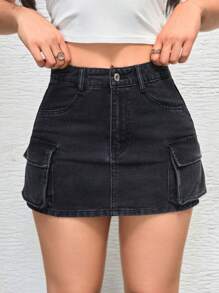 SHEIN PETITE 女士前扣口袋简约工装牛仔迷你裙，休闲日常穿着 - 黑色 - 查看 5