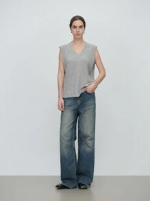 SHEIN LUNE Áo len chui đầu cổ chữ V rộng rãi cho nữ, thường ngày, mùa thu - Xám - Xem 6