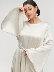 Graceveil 女士优雅纯色喇叭袖长裙，春/夏，朴素优雅的 A 字型阿拉伯连衣裙，适合晚会/婚宴/周年纪念/日常穿着