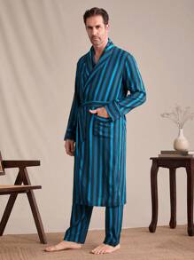 SHEIN EverLounge Men's Striped Print Pocket Tie-Waist Long Sleeve Bathrobe