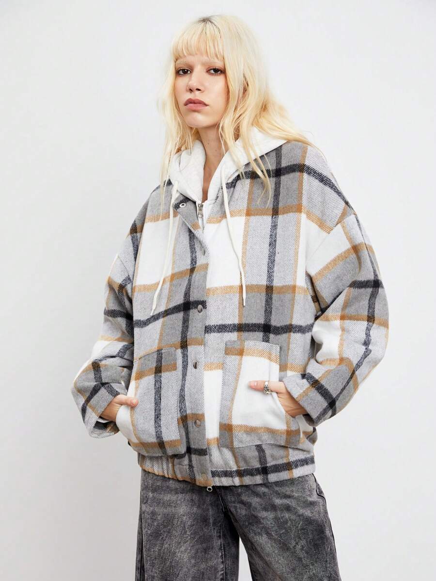 SHEIN Unity 1 件女士休闲格子立领长袖开衫夹克，简约风格，秋冬 - 彩色 - 查看 1