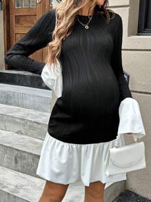 SHEIN 孕妇撞色圆领喇叭袖荷叶边下摆优雅连衣裙，秋季 - 黑與白 - 查看 4