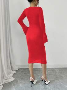Selianne Women 3D Floral Pattern Elegant Knitted Sweater Dress, Casual & Daily Wear, Autumn/Winter For New Year Clothes - Red - View 2