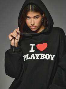 Missguided x Playboy I Love Statement Icon Print Oversized Sweatshirt Long Sleeve Pullover Casual Winter Fall Streetwear Gift Hoodie With Drawstring Bunny Pattern Tights