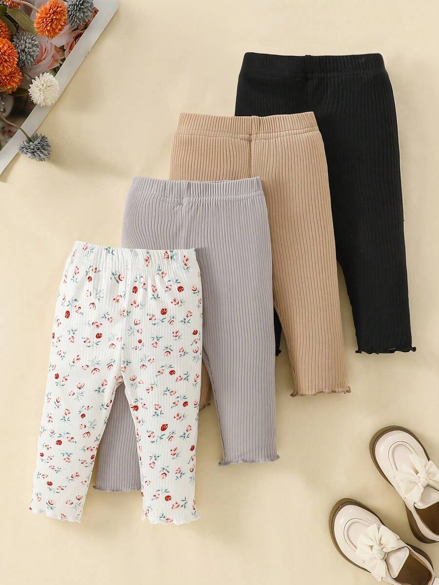 SHEIN Quần legging thun in họa tiết hoa đồng quê mùa thu/đông cho bé gái, nhiều gói - Nhiều màu - Xem 1