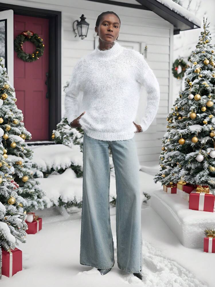 SHEIN Maija Damen locker sitzender, gemütlicher, flauschiger Stehkragen-Oversize Pullover mit Schneeflocken Muster, lässiger Weihnachtspullover