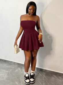 Slaydiva 休闲抹胸褶皱迷你连衣裙，灰色 - DD - 酒紅色 - 查看 5