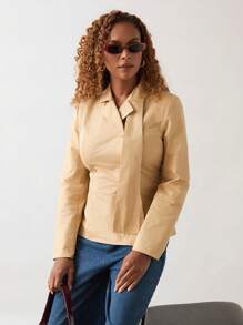 SHEIN Unity 1 chiếc áo sơ mi dài tay màu trơn đơn giản giản dị dành cho nữ - Màu Khaki - Xem 4