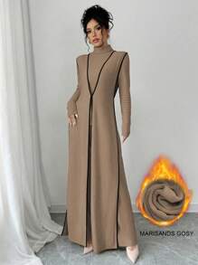 Elenzga 3-Piece Set: Ribbed Knit Turtleneck Dress & Wide Leg Pants, Color Block - Brown - View 5